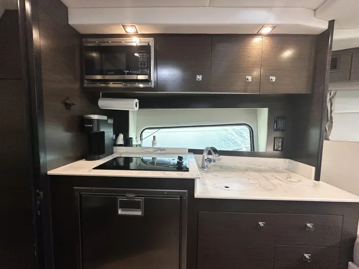 Lux Life Yacht Photos Pics 2017 Cruisers Yachts 390 Express Coupe kitchen with modern appliances and sleek cabinetry.