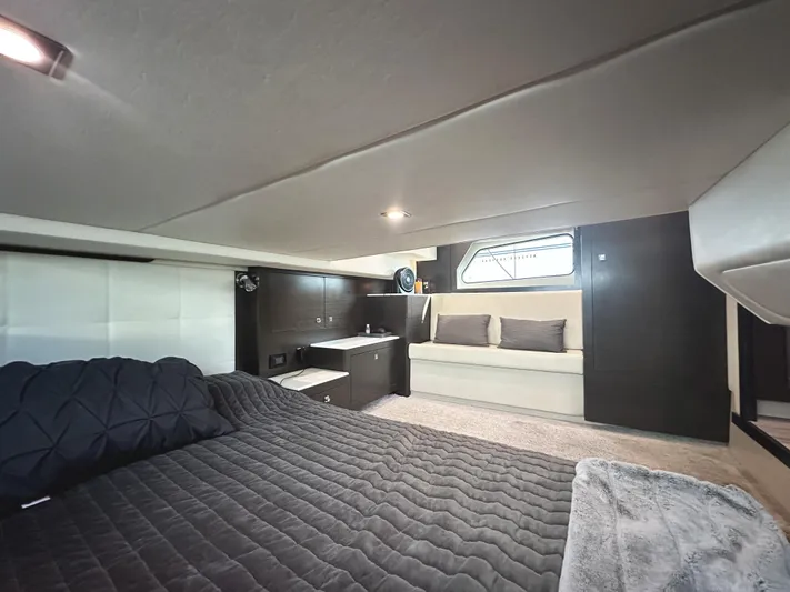 Lux Life Yacht Photos Pics Luxurious interior of 2017 Cruisers Yachts 390 Express Coupe with modern furnishings.