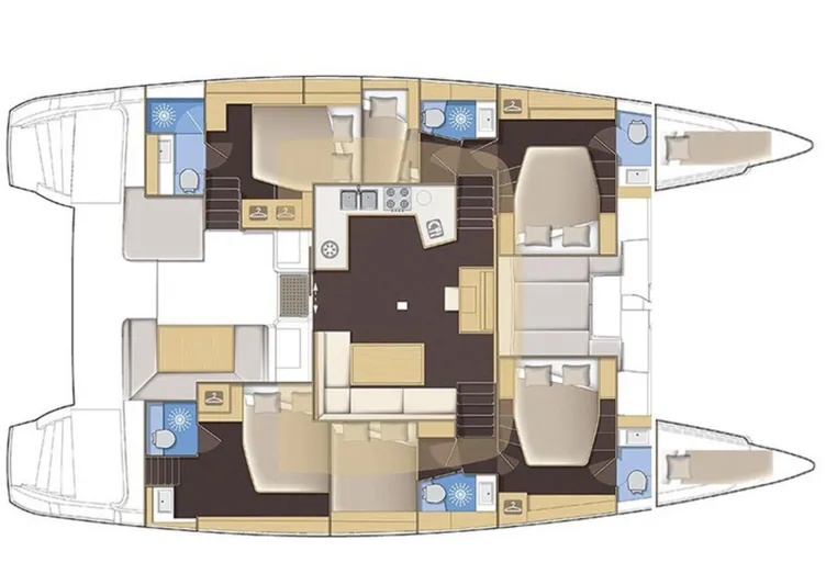  Yacht Photos Pics Floor plan of a 2019 Lagoon 52 F catamaran, featuring cabins, bathrooms, and a central kitchen area.
