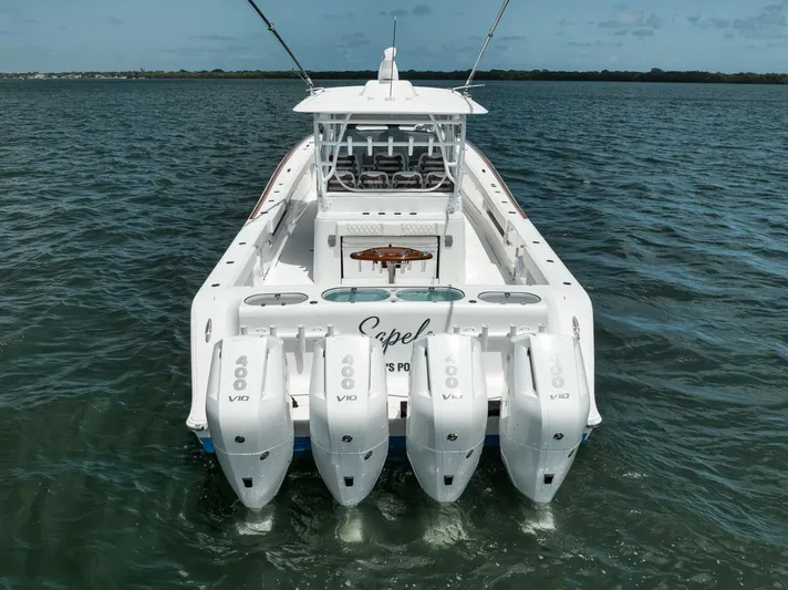 Sapelo Yacht Photos Pics 2024 Front Runner 47 Center Console boat with five powerful outboard engines on the water.