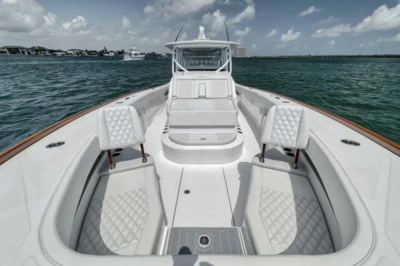 Sapelo Yacht Photos Pics 2024 Front Runner 47 Center Console boat with luxurious seating on open water.