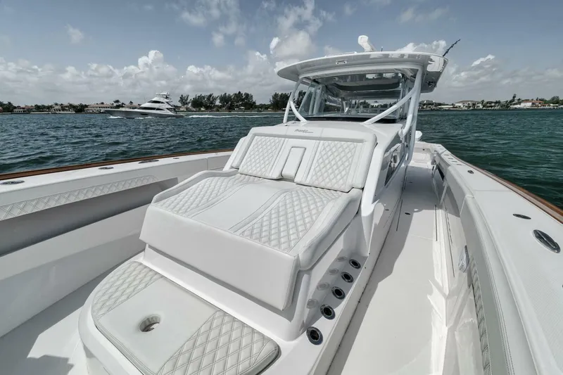 Sapelo Yacht Photos Pics 2024 Front Runner 47 Center Console boat with luxurious seating on open water.
