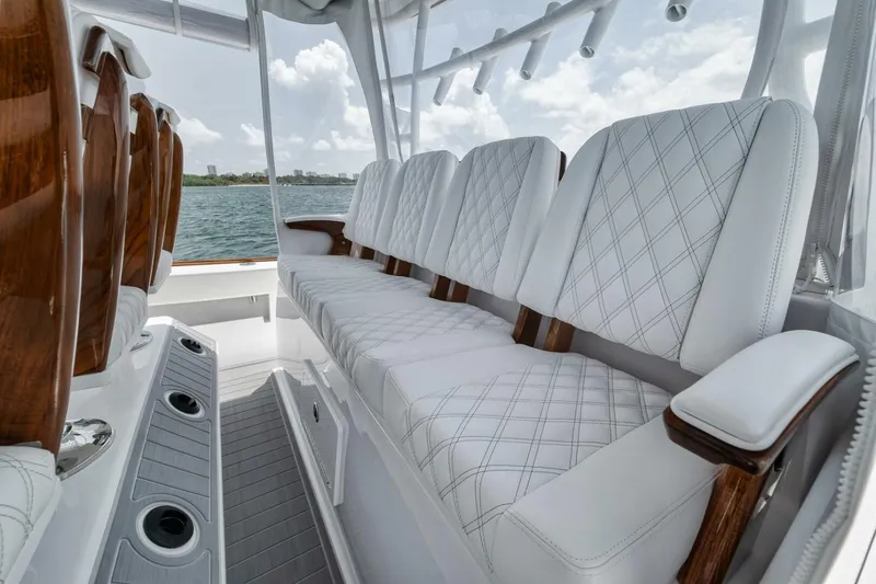 Sapelo Yacht Photos Pics 2024 Front Runner 47 Center Console boat with luxurious white seating and wooden accents.