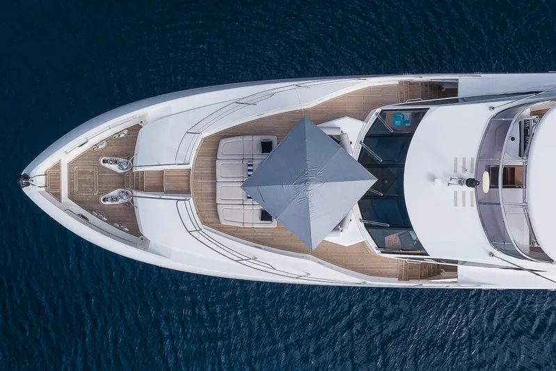 Insignia Yacht Photos Pics Overhead view of 2015 Sunseeker 115 yacht on blue water.