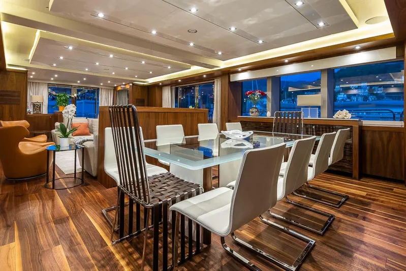 Insignia Yacht Photos Pics Luxurious interior of 2015 Sunseeker 115 yacht with elegant dining area and modern decor.