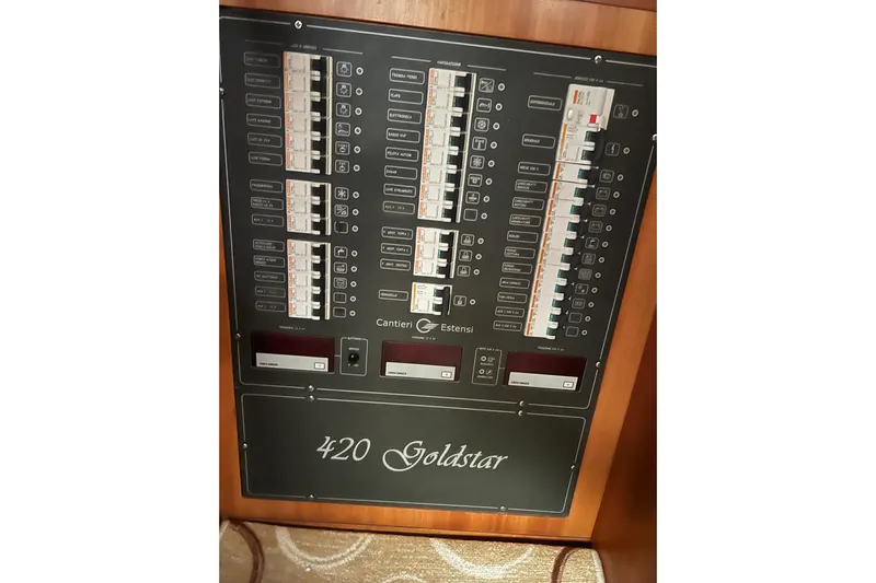  Yacht Photos Pics Control panel of 2009 Cantieri Estensi Goldstar 42 Fly yacht, featuring circuit breakers.