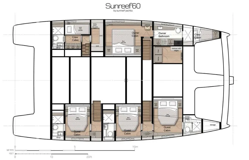 Dawn Yacht Photos Pics Floor plan of 2019 Sunreef 60 catamaran, showcasing cabin and bathroom layout.