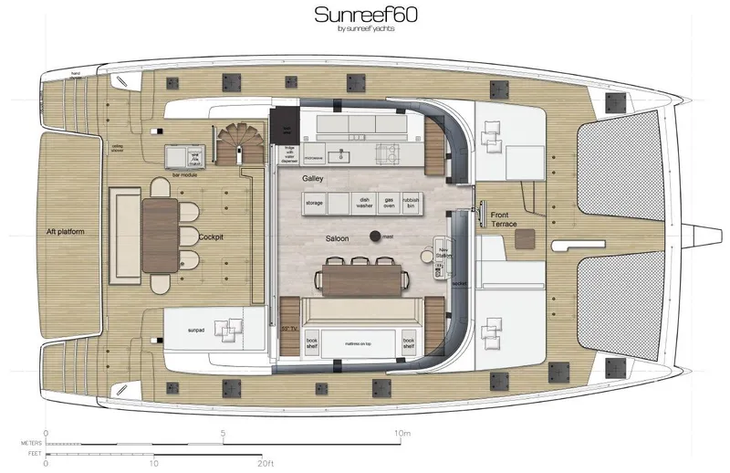 Dawn Yacht Photos Pics Floor plan of a 2019 Sunreef 60 yacht, showcasing interior layout and deck design.
