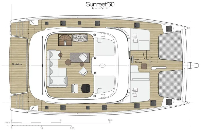 Dawn Yacht Photos Pics Floor plan of a 2019 Sunreef 60 yacht, showcasing deck layout and interior design.