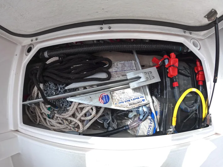  Yacht Photos Pics Storage compartment of 2020 Ranger Tugs R-27 with ropes, anchor, and equipment.