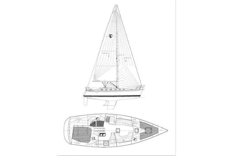 R'liberty Yacht Photos Pics Blueprint of 2001 Tartan 3700 sailboat, showcasing side and top views.