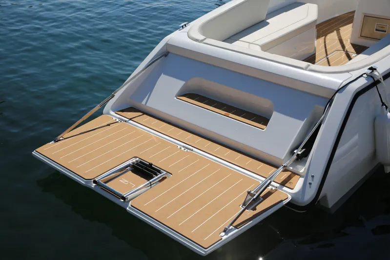  Yacht Photos Pics 2025 Zin Boats electric Z7, opened swim platform with cork decking.