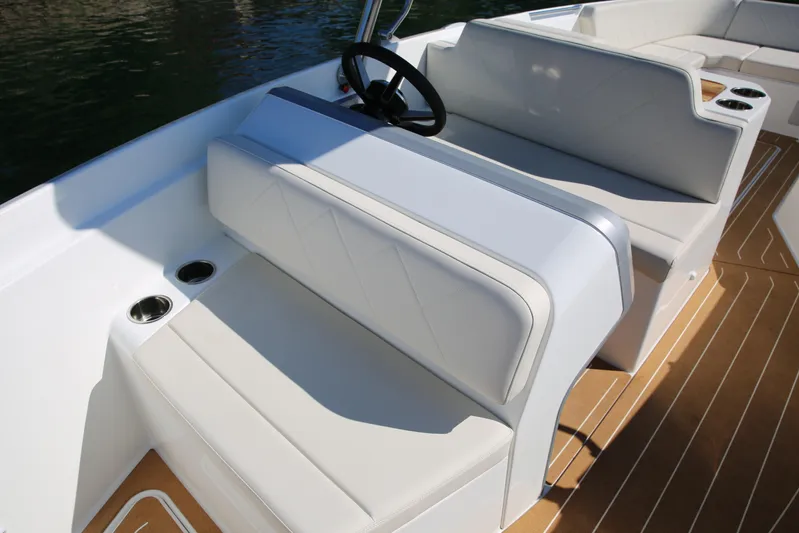  Yacht Photos Pics 2025 Zin Boats Z7 interior. Cork decking and machined metal accents.