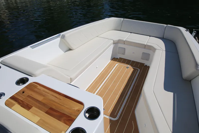  Yacht Photos Pics Luxurious interior of 2025 Zin Boats Z7 with elegant seating and wooden accents.