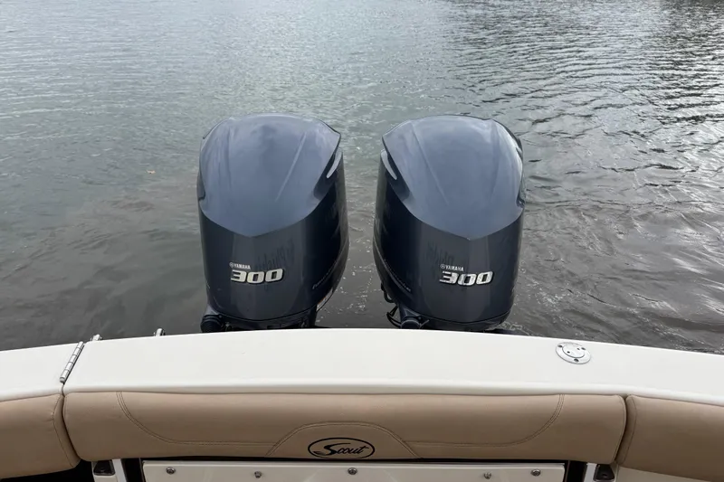  Yacht Photos Pics Twin Yamaha 300 engines on a 2016 Scout 300 LXF boat, viewed from the stern.