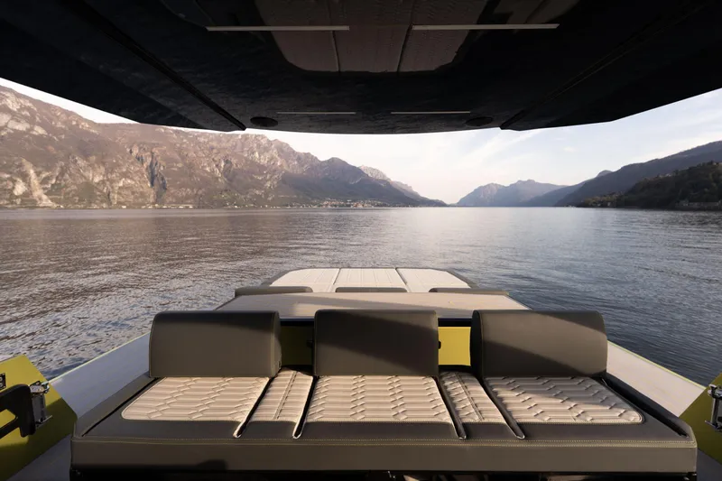  Yacht Photos Pics 2025 Blu Martin Yachts WALK AROUND 46 on serene lake with mountain backdrop.