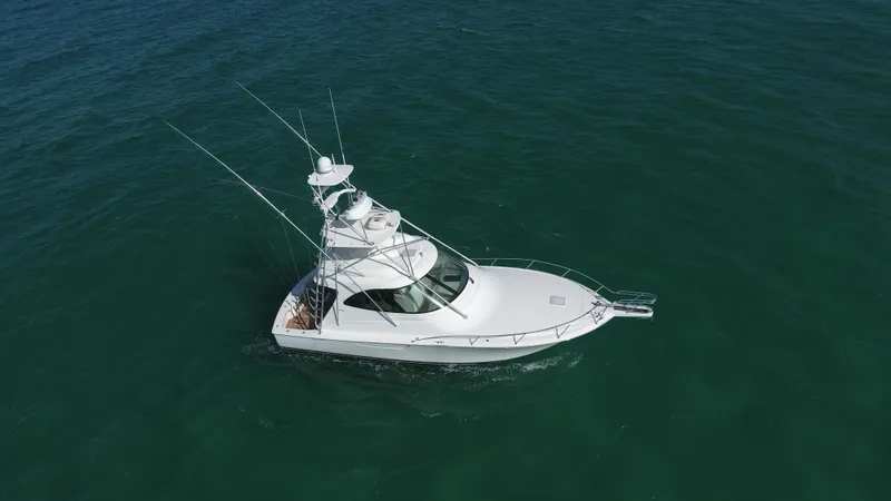 Brown Eyed Girl Yacht Photos Pics 2014 Viking 42 Sport Tower yacht on open water, aerial view.