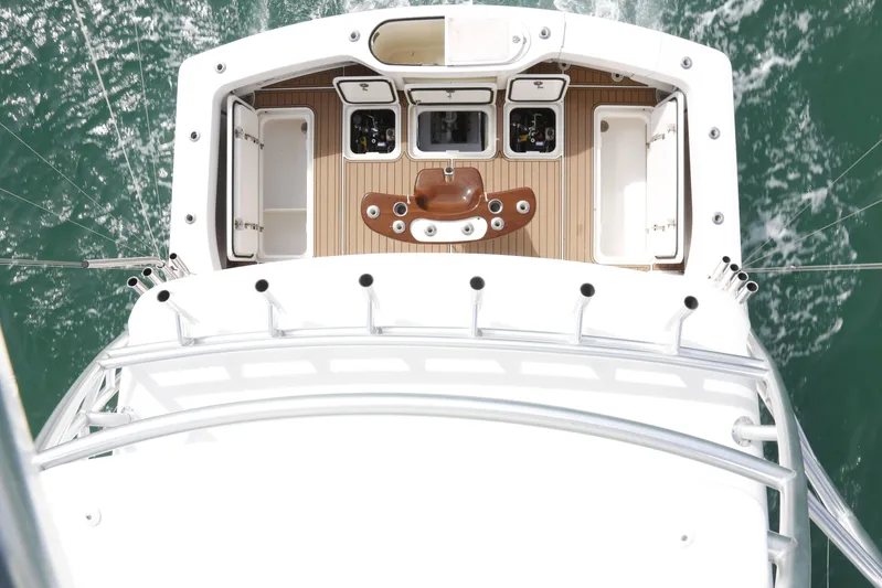 Brown Eyed Girl Yacht Photos Pics Overhead view of 2014 Viking 42 Sport Tower yacht deck on water.