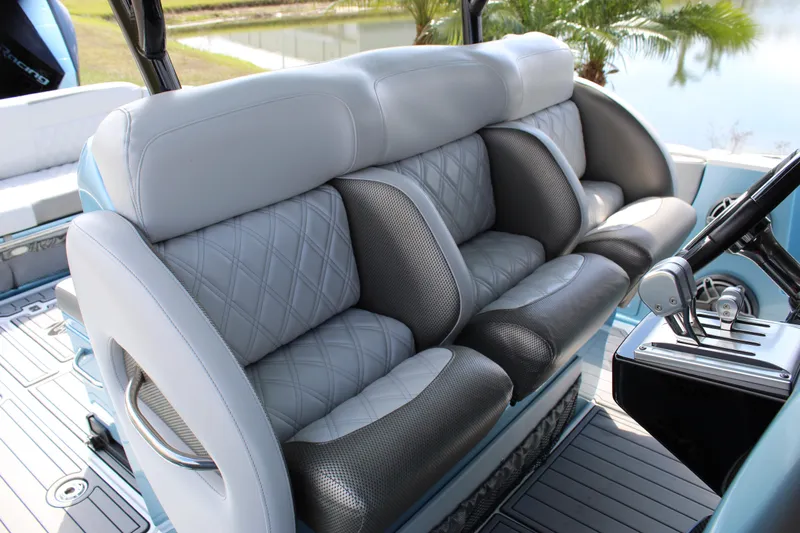  Yacht Photos Pics 2021 Nor-Tech 390 Sport Center Console interior seating with luxurious upholstery and modern design.