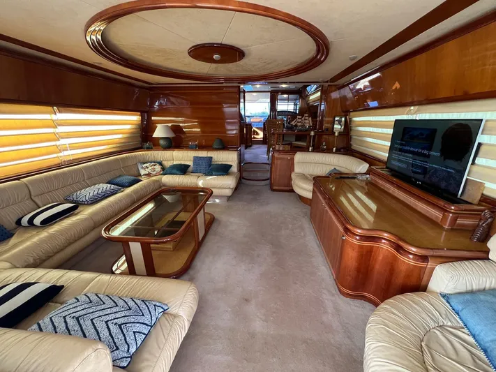  Yacht Photos Pics Luxurious interior of a 2002 Ferretti Yachts 810 with elegant seating and modern amenities.