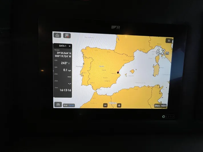  Yacht Photos Pics Navigation screen on a 2002 Ferretti Yachts 810, displaying Mediterranean Sea map.