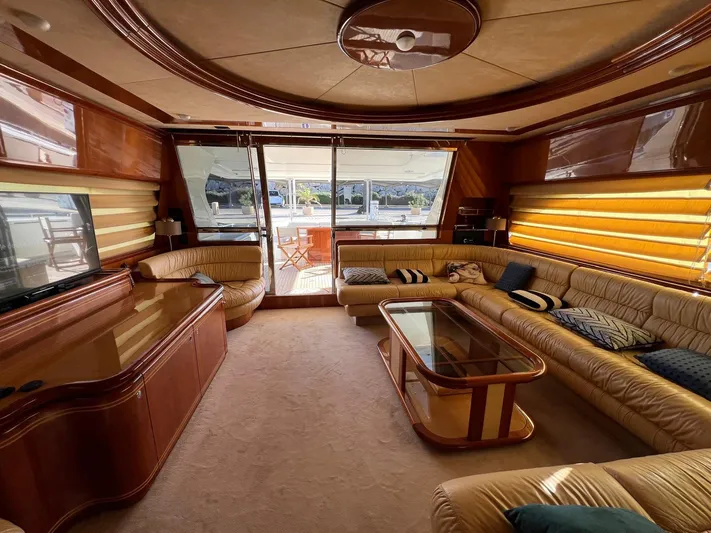  Yacht Photos Pics Luxurious interior of 2002 Ferretti Yachts 810 with elegant seating and panoramic windows.