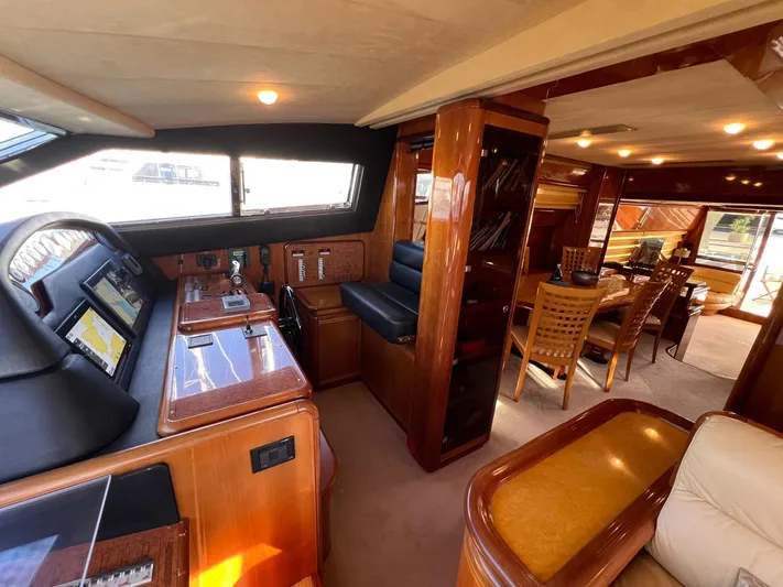 Yacht Photos Pics Luxurious interior of a 2002 Ferretti Yachts 810, featuring elegant wood finishes and spacious seating.
