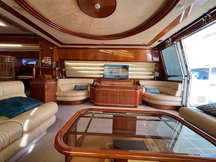  Yacht Photos Pics Luxurious interior of a 2002 Ferretti Yachts 810 with elegant seating and wood finishes.