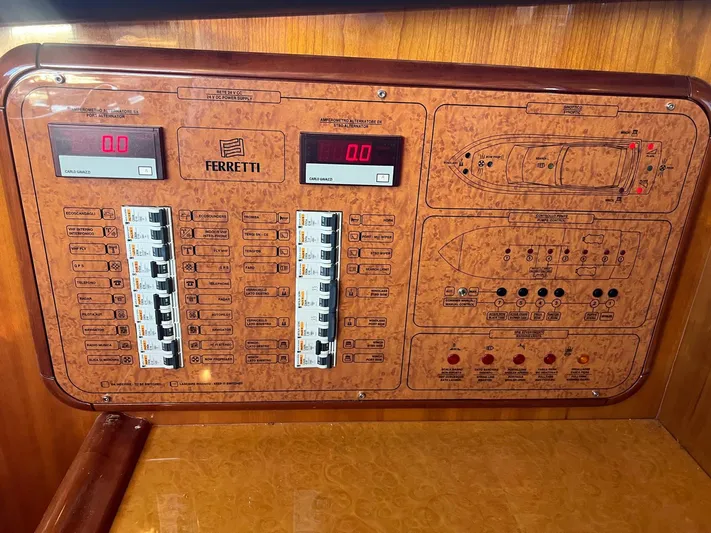  Yacht Photos Pics Control panel of a 2002 Ferretti Yachts 810, featuring circuit breakers and system indicators.