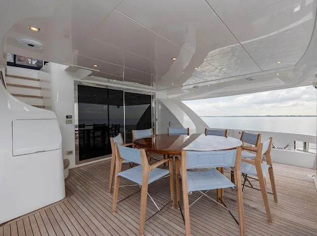 Living The Experience Yacht Photos Pics Outdoor dining area on 2015 Hatteras 100 Raised Pilothouse yacht with ocean view.