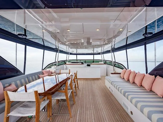 Living The Experience Yacht Photos Pics Luxurious 2015 Hatteras 100 Raised Pilothouse yacht interior with spacious seating and dining area.