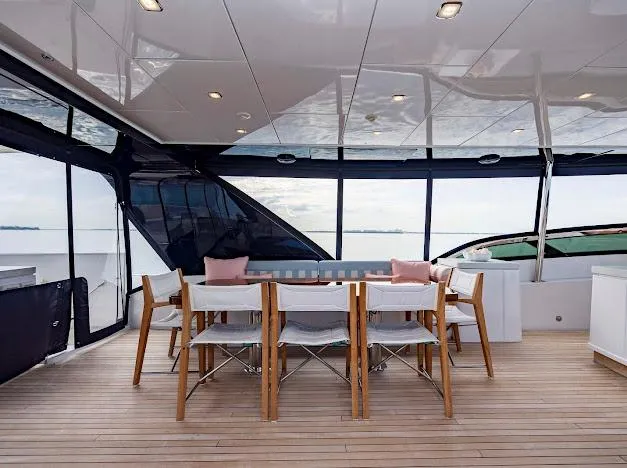 Living The Experience Yacht Photos Pics Luxury dining area on 2015 Hatteras 100 Raised Pilothouse yacht.