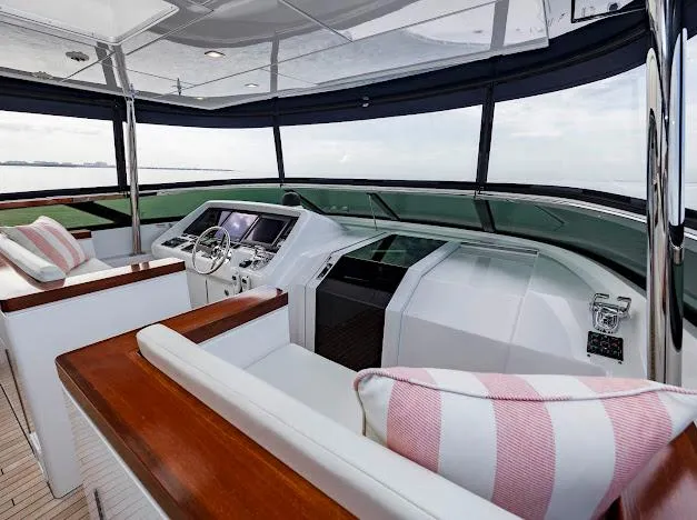 Living The Experience Yacht Photos Pics Luxurious 2015 Hatteras 100 Raised Pilothouse yacht interior with modern helm and plush seating.