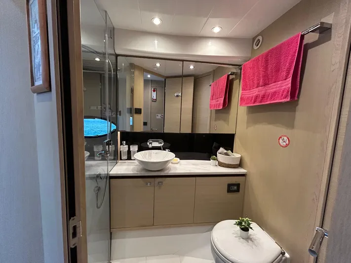  Yacht Photos Pics Luxurious bathroom on 2016 Princess 56 yacht with modern fixtures and vibrant pink towels.