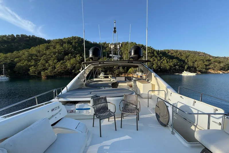  Yacht Photos Pics Luxurious 2008 Ferretti Yachts 830 on serene water with lush green backdrop.