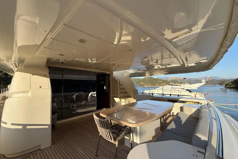  Yacht Photos Pics Luxurious 2008 Ferretti Yachts 830 with spacious deck and elegant seating area.