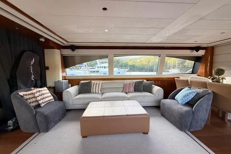  Yacht Photos Pics Luxurious 2008 Ferretti Yachts 830 interior with plush seating and scenic window views.