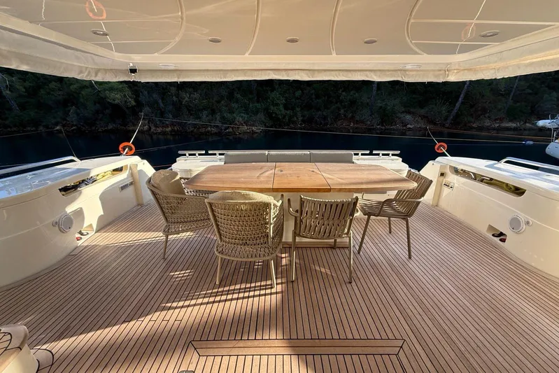  Yacht Photos Pics Luxurious 2008 Ferretti Yachts 830 deck with elegant outdoor seating and dining area.