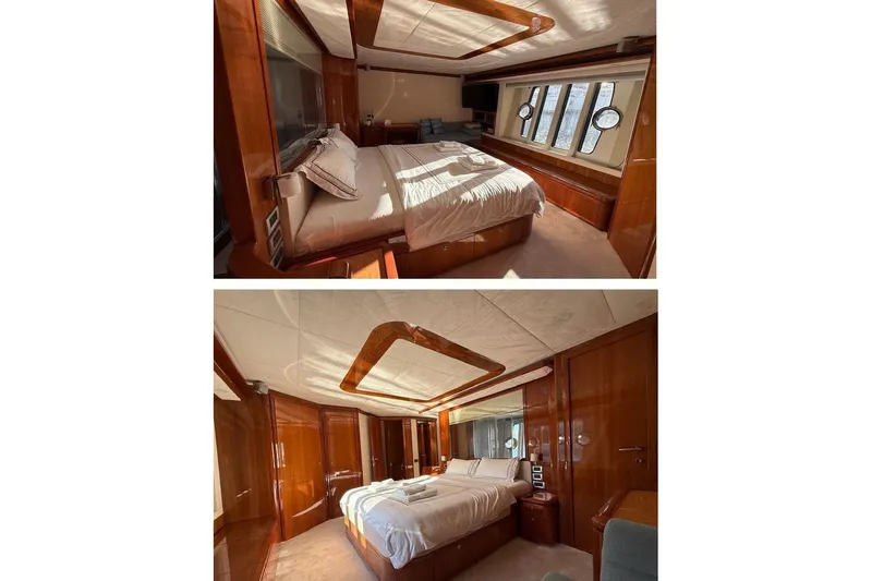  Yacht Photos Pics Luxurious bedroom interior of 2008 Ferretti Yachts 830 with elegant wood finishes.