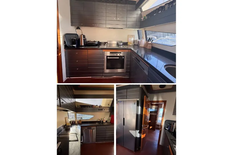  Yacht Photos Pics Luxurious kitchen interior of 2008 Ferretti Yachts 830 with modern appliances and sleek design.