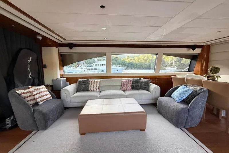 Yacht Photos Pics Luxurious 2008 Ferretti Yachts 830 interior with elegant seating and large windows.