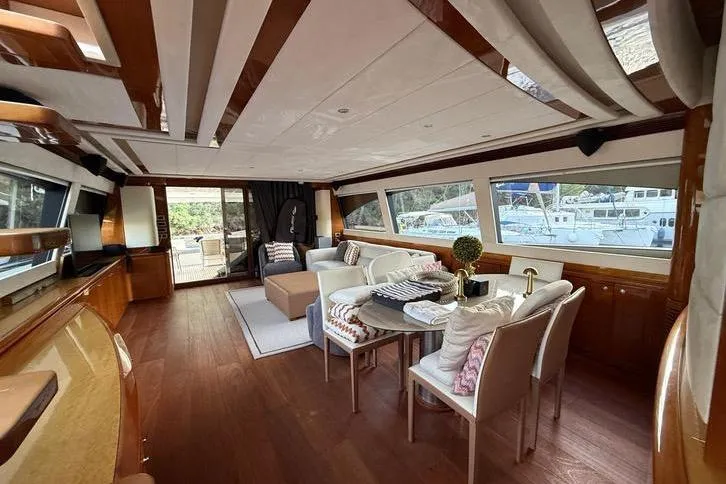  Yacht Photos Pics Luxurious interior of 2008 Ferretti Yachts 830 with elegant seating and large windows.