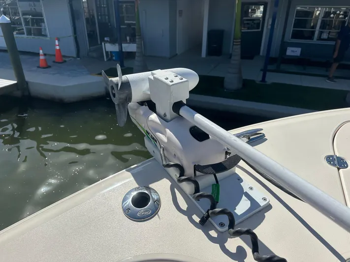  Yacht Photos Pics 2021 Grady-White 336 Canyon boat with mounted trolling motor at dock.
