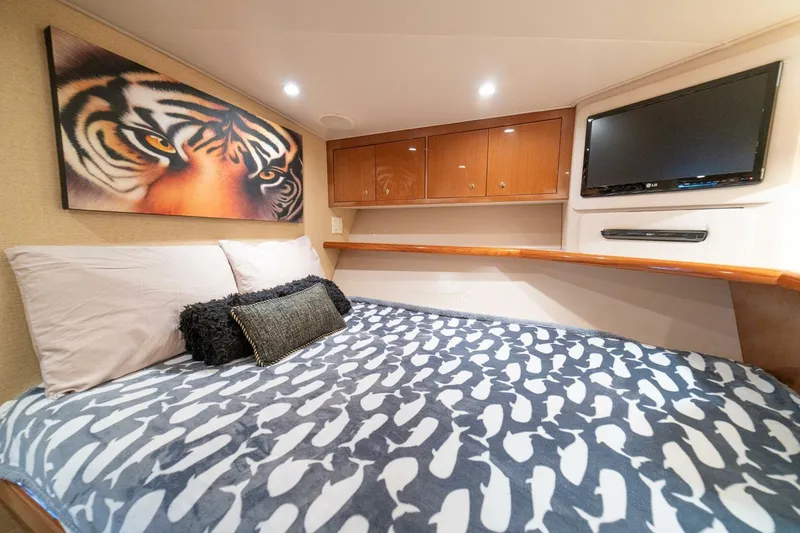 Mariah Jean Yacht Photos Pics Luxurious 2004 Viking 61c yacht bedroom with tiger artwork and TV.