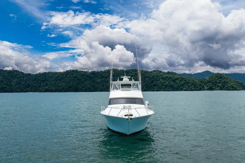 Mariah Jean Yacht Photos Pics 2004 Viking 61c yacht on serene water with lush green hills and cloudy sky.
