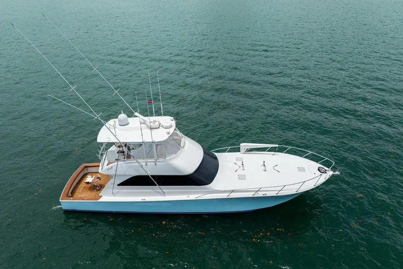 Mariah Jean Yacht Photos Pics 2004 Viking 61c yacht on open water, aerial view.