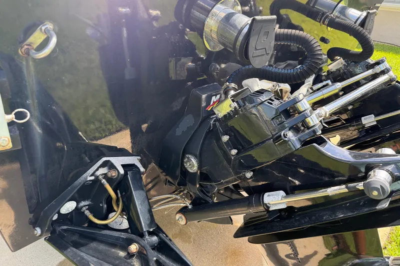  Yacht Photos Pics Close-up of a 2005 Apache 36CC boat engine components and hydraulic system.