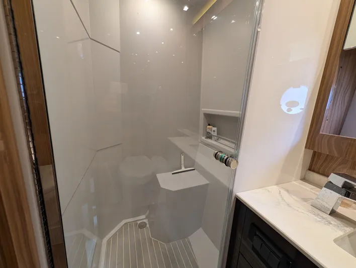 Emilia Yacht Photos Pics Modern shower in a 2022 Cruisers Yachts 54 Cantius.