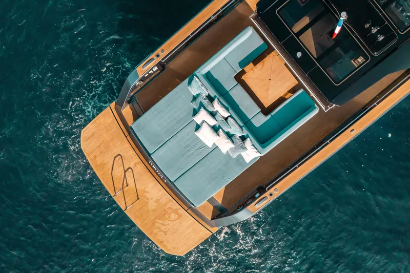  Yacht Photos Pics Aerial view of 2021 Pardo Yachts 50 with elegant deck and seating area.
