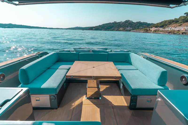  Yacht Photos Pics Luxurious seating area on 2021 Pardo Yachts 50, overlooking serene ocean waters.